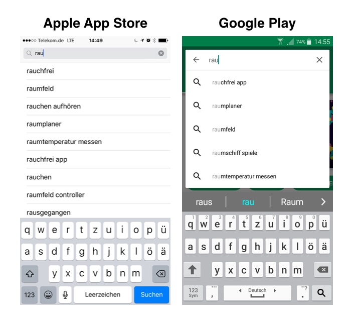 Beispie: Apple App Store und Google Play Autovervollständigung